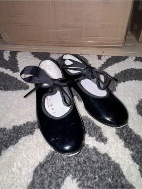 Girls' Black Patent Ribbon-Tie tap shoes
